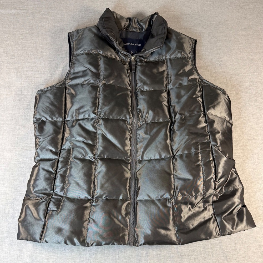 Lands End Womens XL 18 Puffer Vest Metallic Pewter Grey Down Filled Quilted Zip